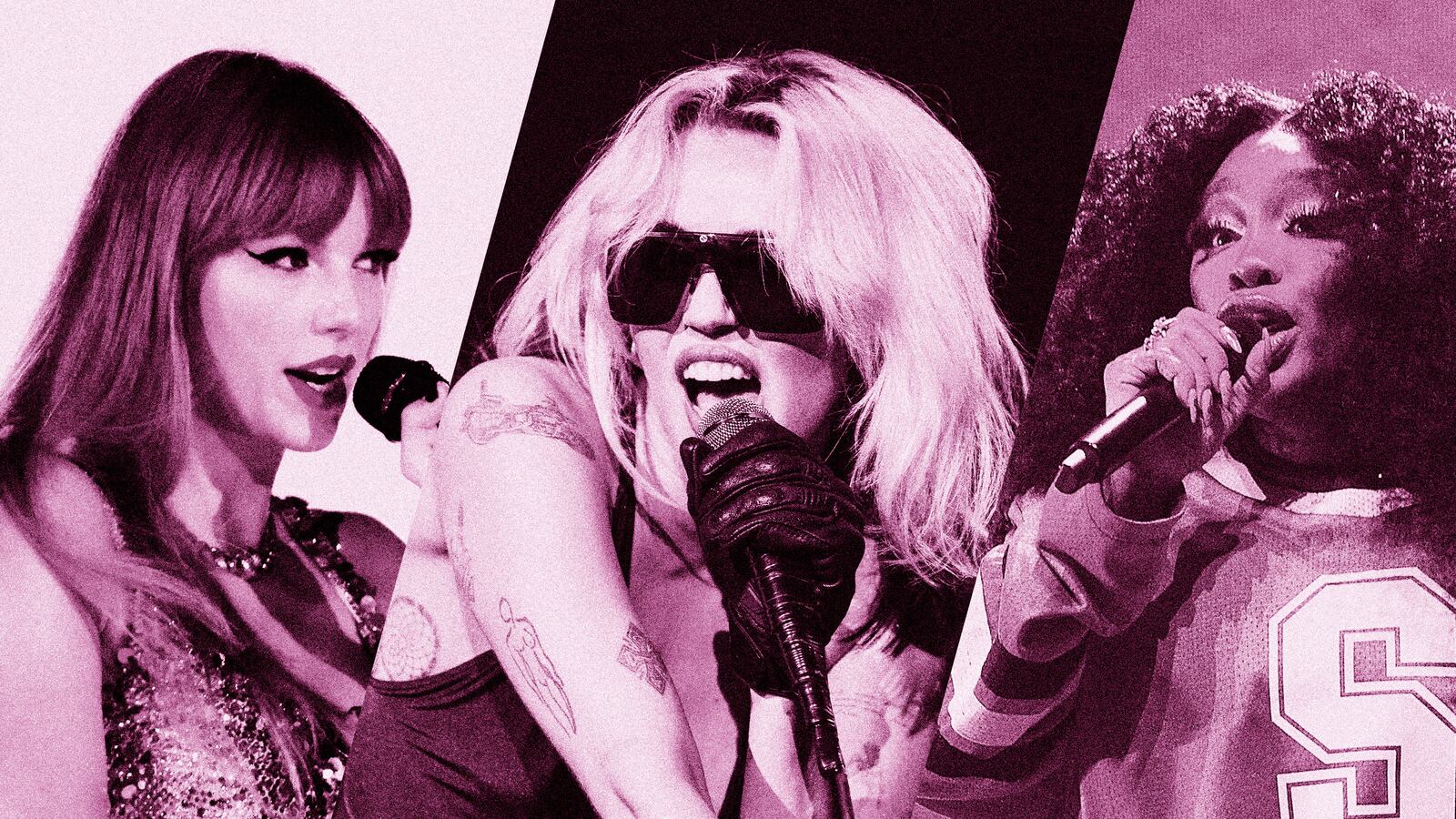 A photo illustration showing Taylor Swift, Miley Cyrus and SZA performing.