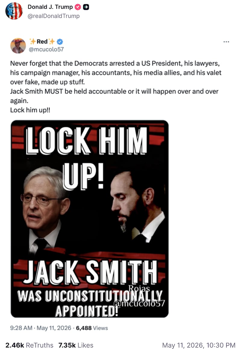 President Donald Trump reshared posts that called for the arrest and prosecution of his political foes, including the special prosecutor Jack Smith.