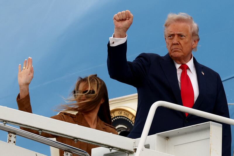 President Donald Trump issued his threat to U.S. TV stations while flying on Air Force One. He and Melania Trump had spent the last two days in the United Kingdom.