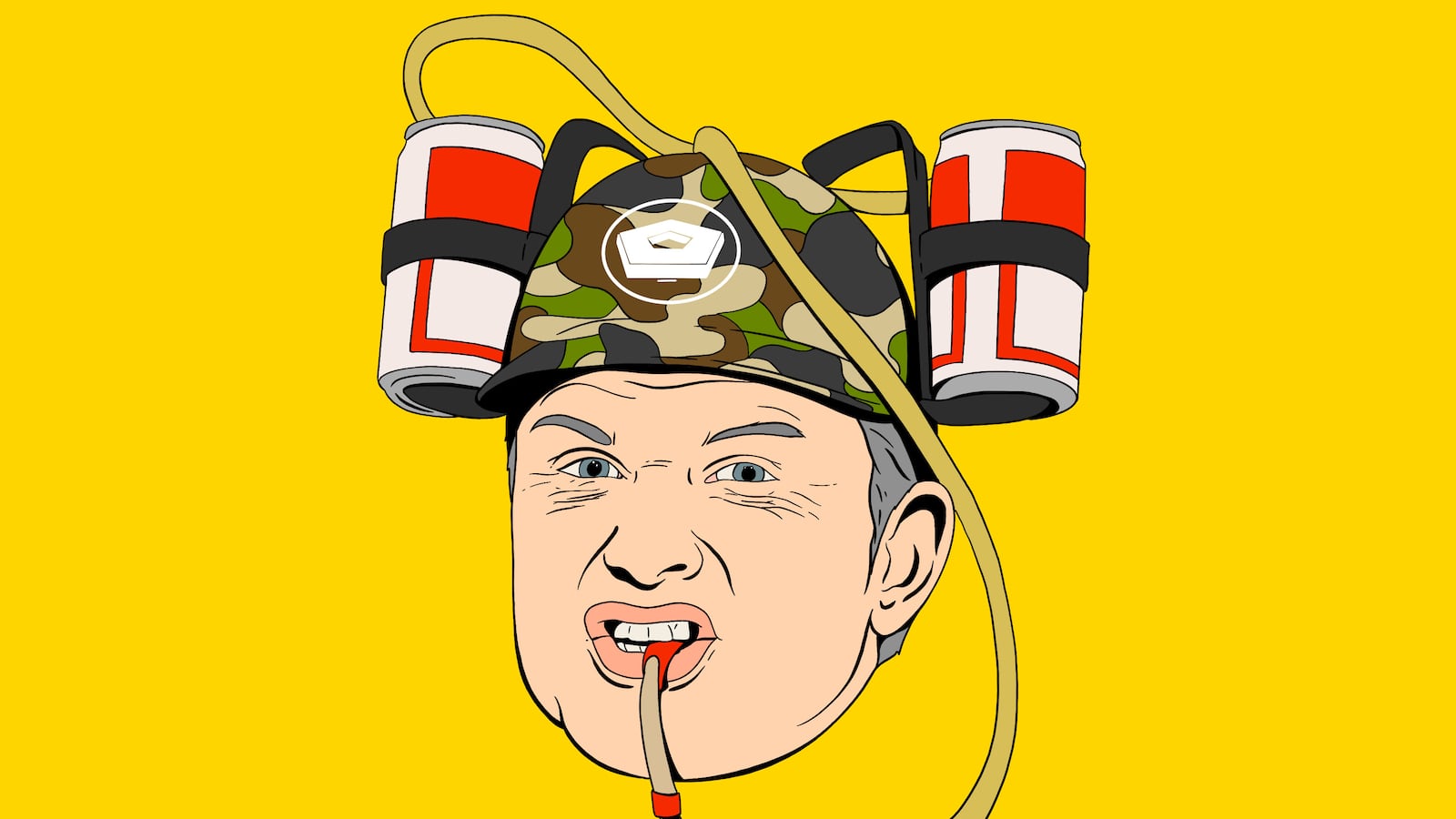 illo illustration of Pete Hegseth wearing a camo beer helmet
