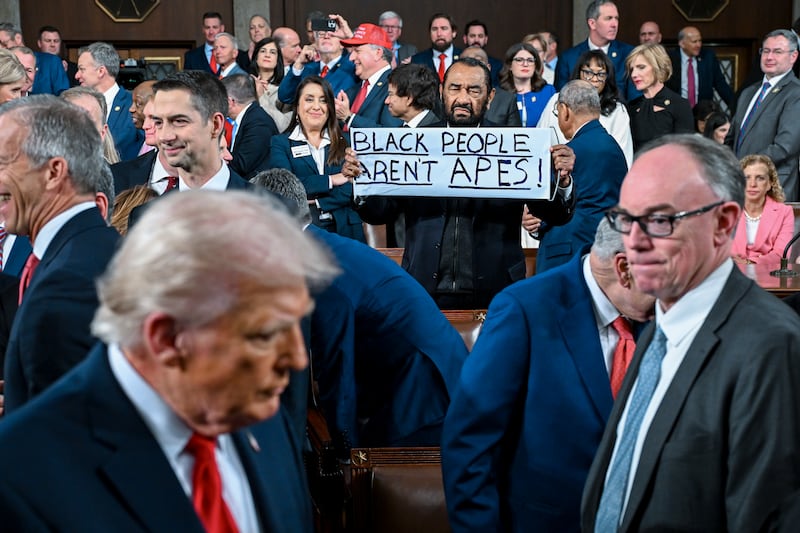 Rep. Al Green protests as President Donald Trump arrives to deliver the State of the Union address during a joint session of Congress at the Capitol on February 24, 2026 in Washington, DC.