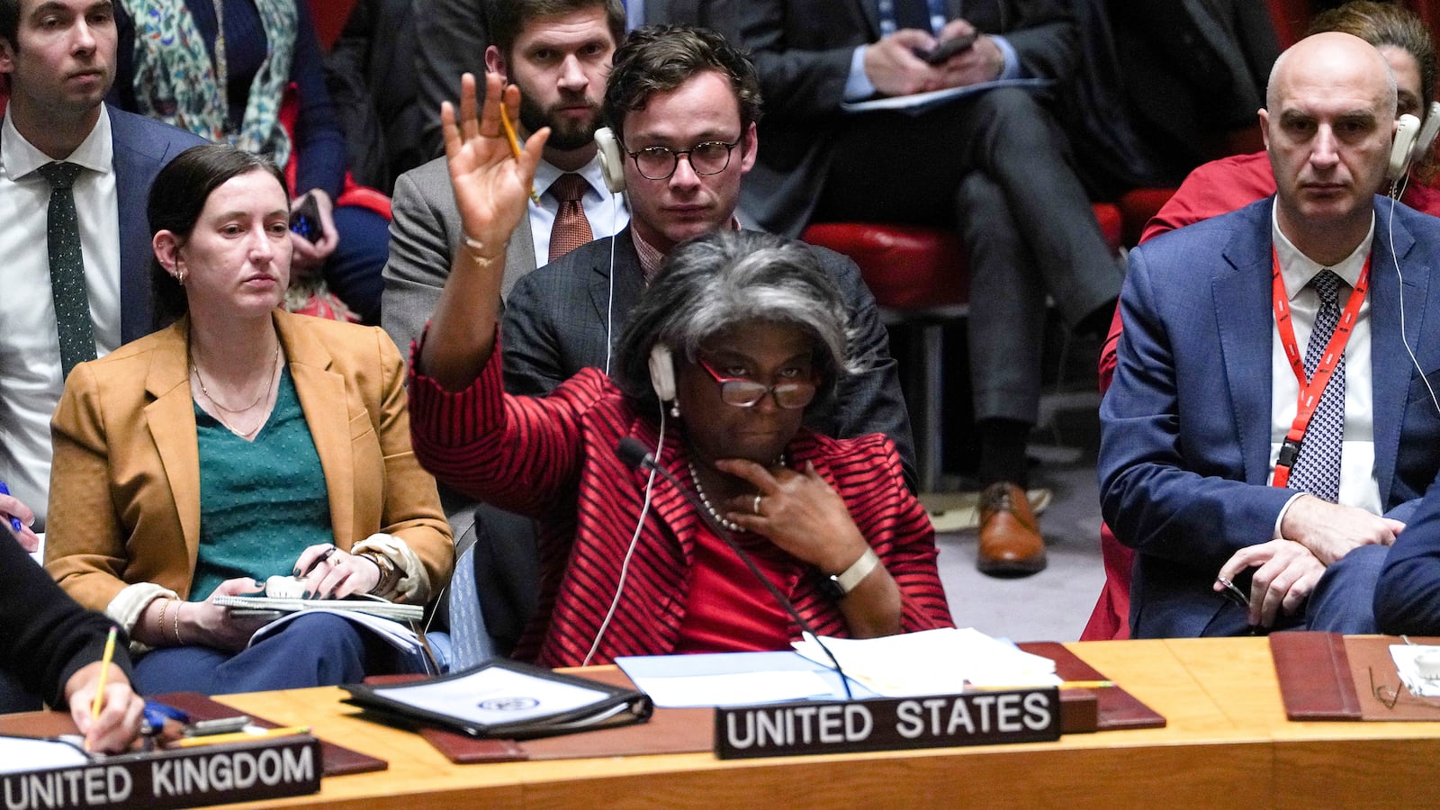 U.S. Ambassador to the United Nations Linda Thomas-Greenfield votes on a proposal to demand that Israel and Hamas allow aid access to the Gaza Strip