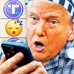 A photo illustration illo of Donald Trump in pajamas texting on his phone and a calendar of April 2026 and the days of the week of TruthSocial posts that were sent between 9pm and 6am for those days.