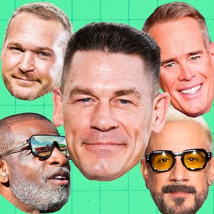 A photo illustration of John Cena, Deion Sanders, Joe Buck, Brian Urlacher, and Brian Urlacher for The Looker.
