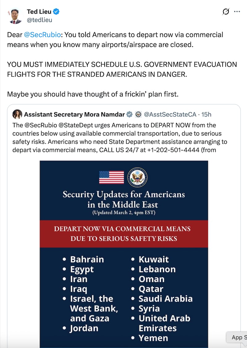 Ted Lieu's X.com post responding to the State Department.