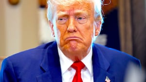 President Donald Trump reacts to a question during a Cabinet meeting at the White House on April 30, 2025 in Washington, DC.