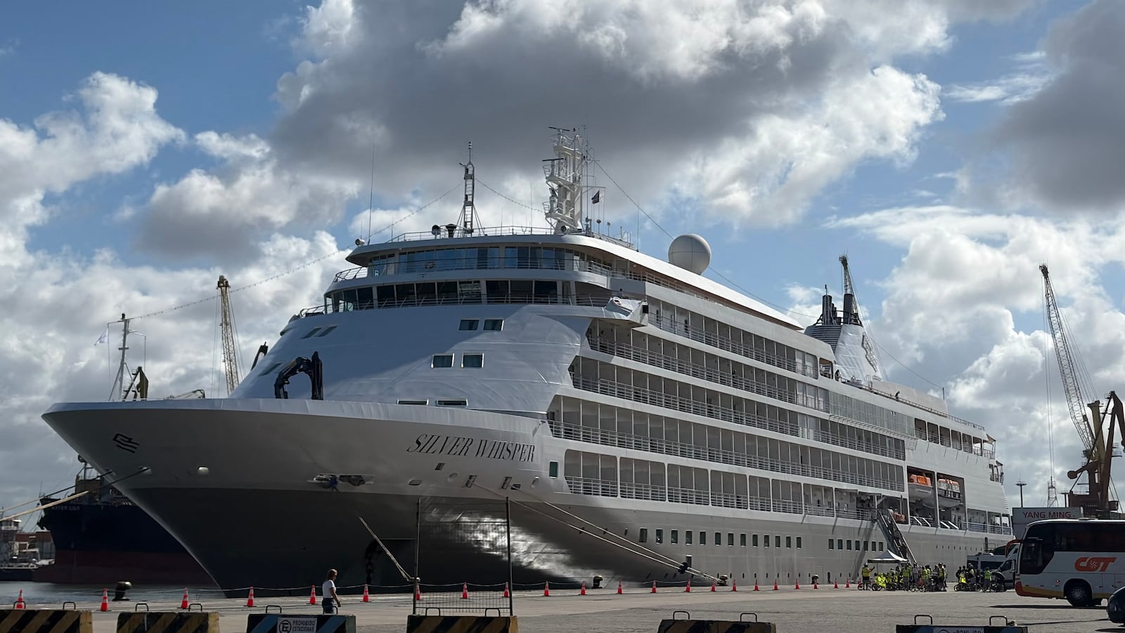 The Silversea's Silver Whisper luxury cruise remains anchored in the port of Montevideo, on February 1st, 2026. (Photo by Ivanna INFANTOZZI / AFP via Getty Images)