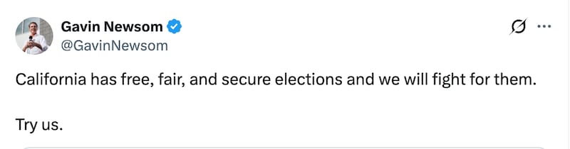 Governor Gavin Newsom fires back at DHS Secretary Markwayne Mullin's threats against blue state election officials.