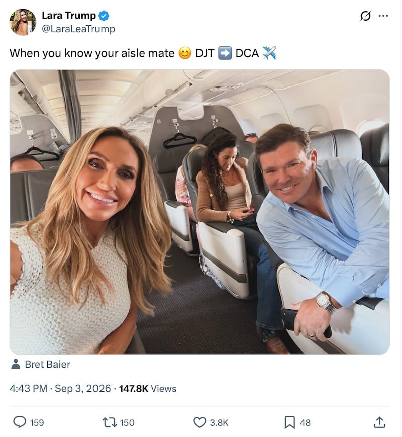 Lara Trump's post showing her with Bret Baier came at an awkward moment.