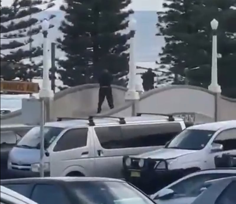 Two suspected shooters can be seen firing from a pedestrian bridge toward the park that surrounds Bondi Beach.