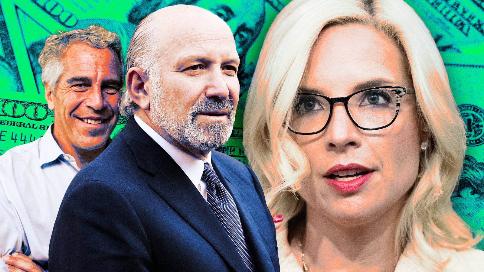 A photo illustration of Jeffrey Epstein, Howard Lutnick, and Ashley Hinson.