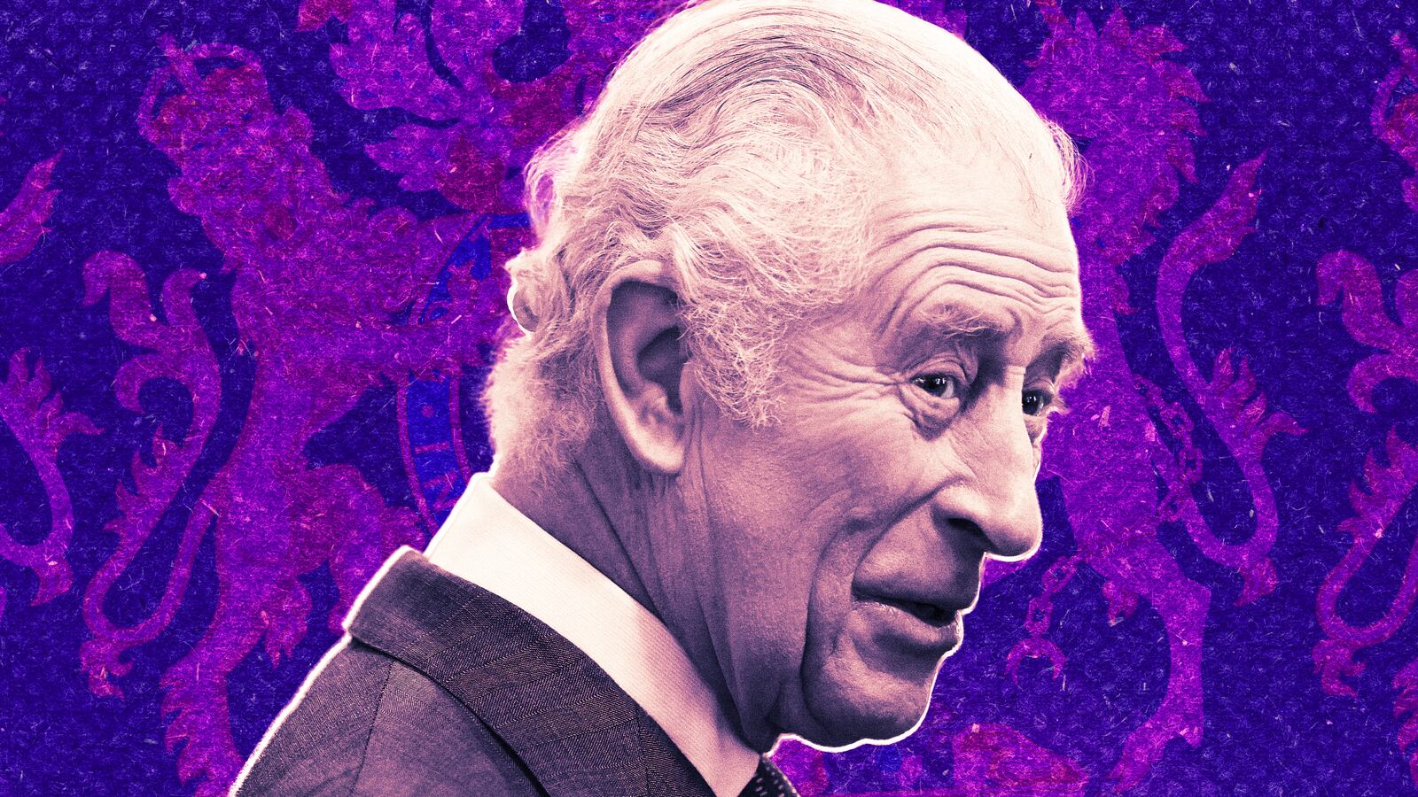 A photo illustration of King Charles over the Royal Coat of Arms.