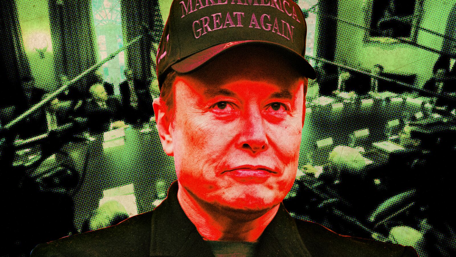 A photo illustration of Elon Musk and the White House cabinet.