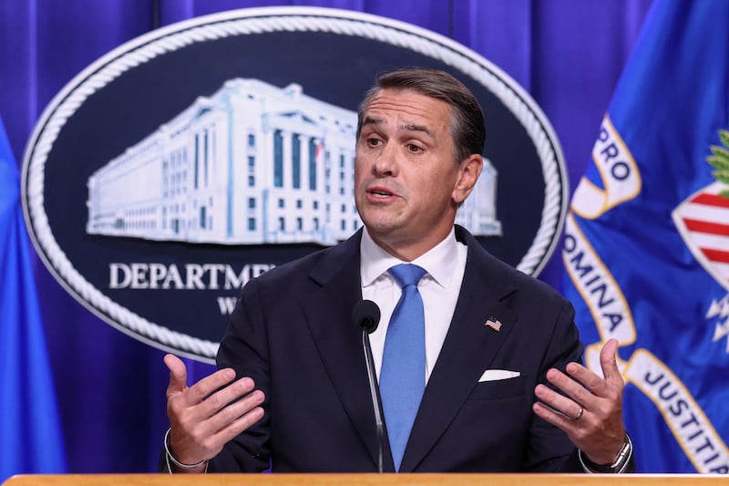 US Attorney General Todd Blanche gestures as he speaks during a press conference at the Department of Justice in Washington, D.C., US, September 30, 2026. REUTERS/Kevin Lamarque