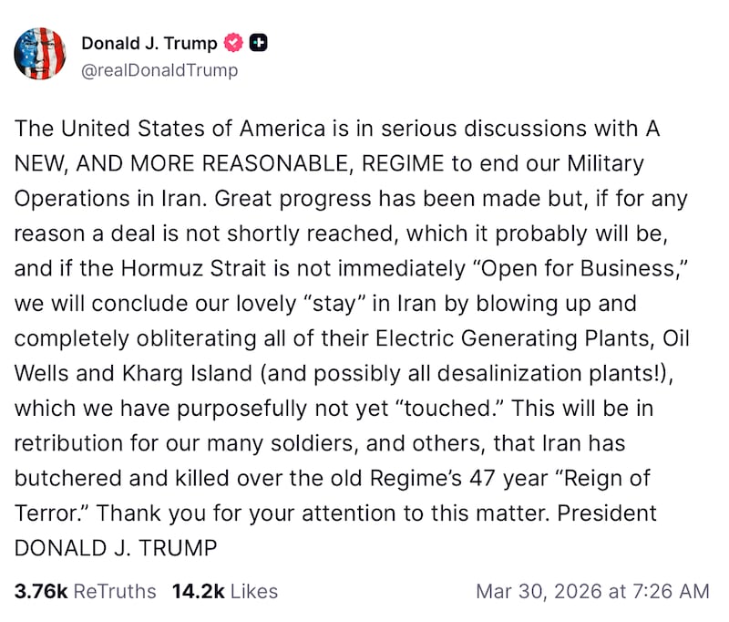 Trump announces diplomatic progress, and makes a military threat, in the same Truth Social post Monday. Donald J. Trump/Truth Social.