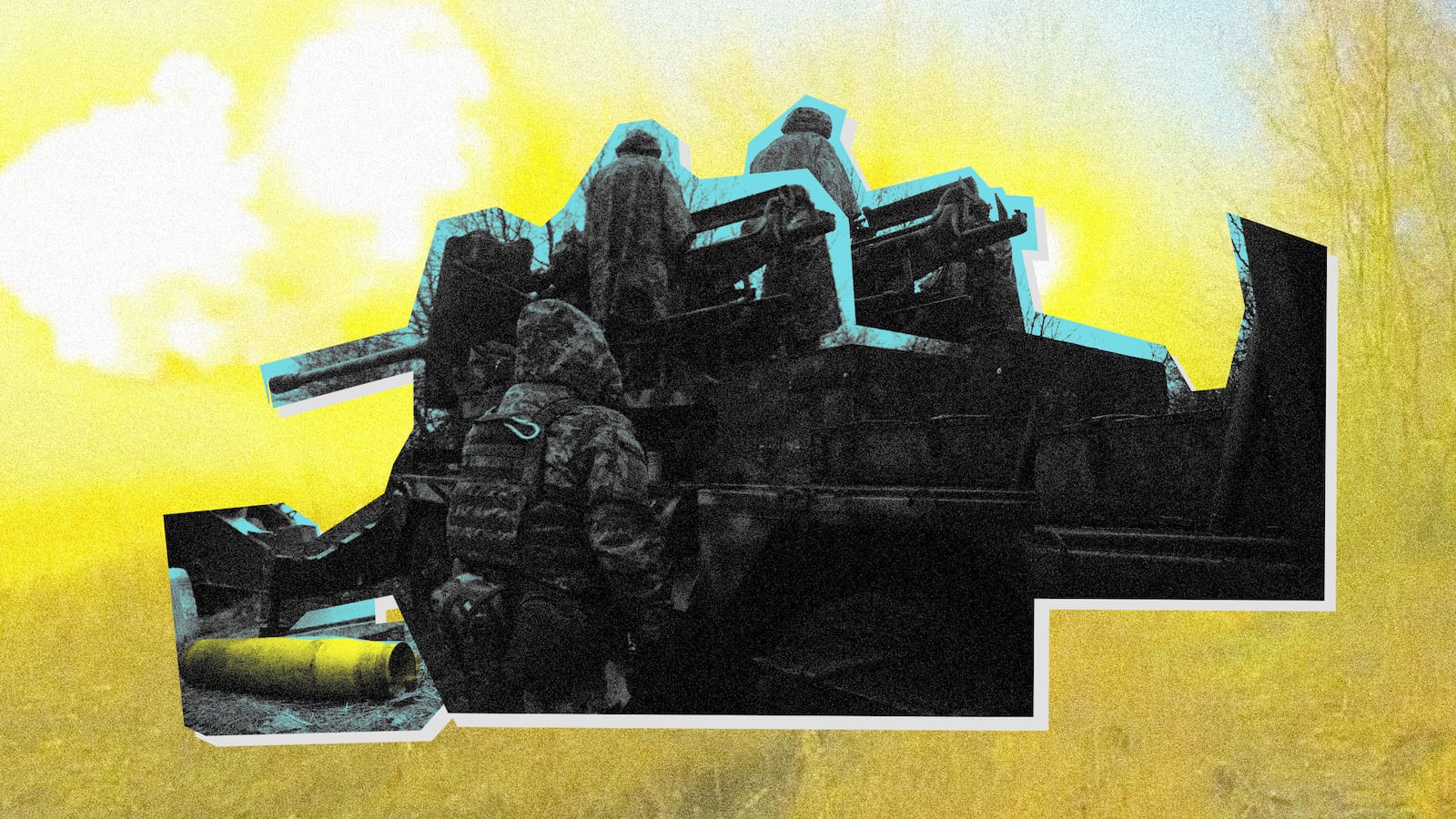 A photo illustration showing a homemade Ukrainian weapon on the battlefield.