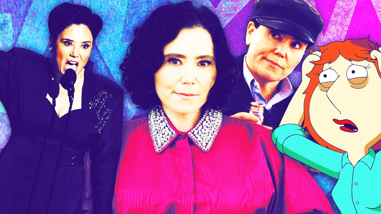 A photo illustration of Alex Borstein and her various roles.