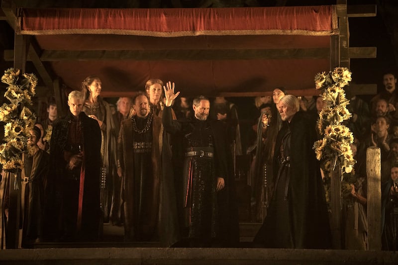 Finn Bennett, Bertie Carvel, and Sam Spruell in A Knight of the Seven Kingdoms.