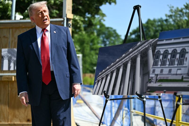 President Donald Trump speaks to the press near the construction site of his proposed ballroom at the White House in Washington, DC, on May 19, 2026.