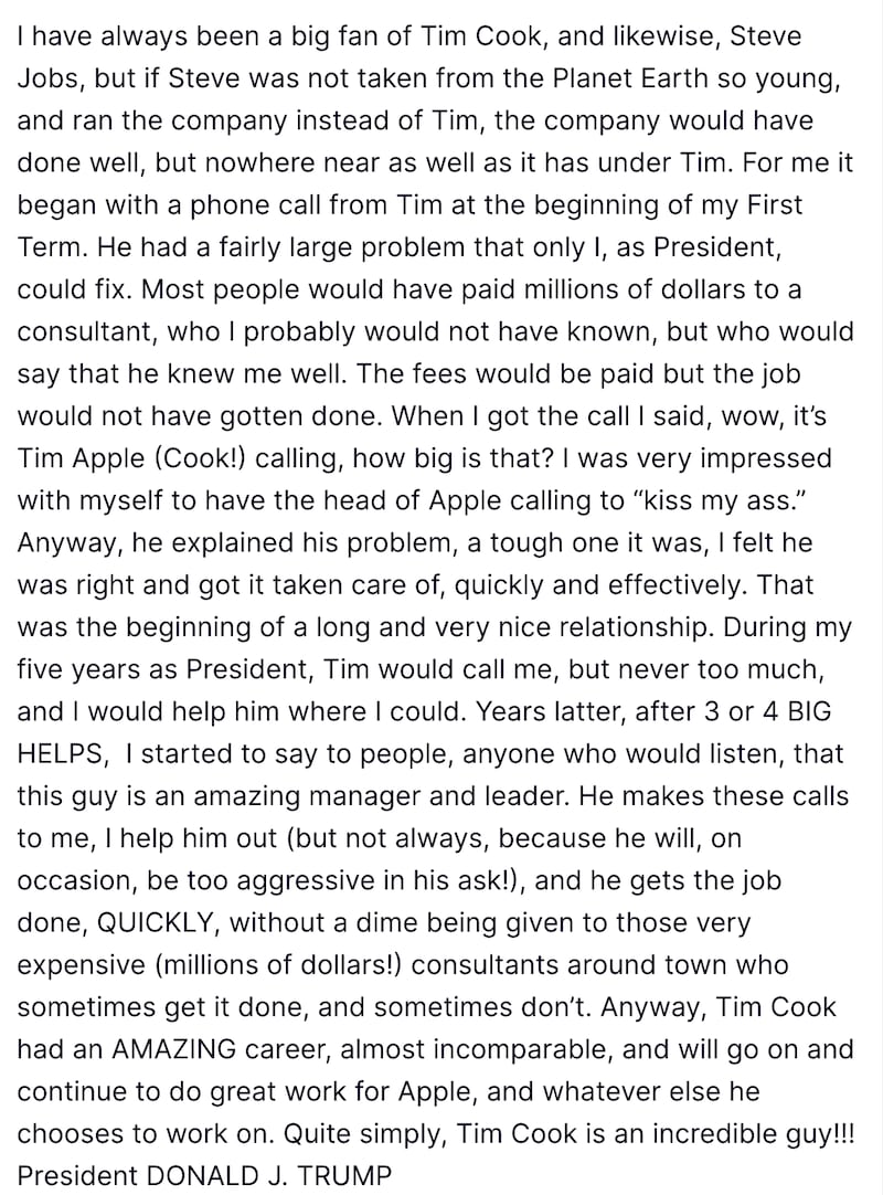 Trump's Cook tribute in full.