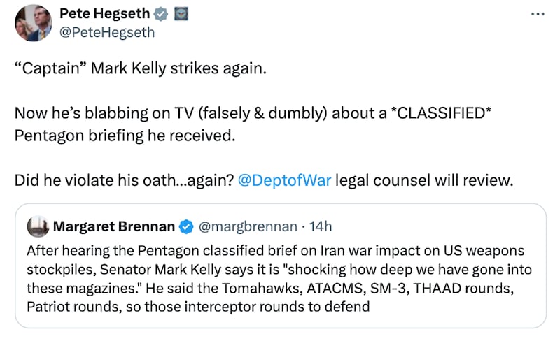 Pete Hegseth X post about Mark Kelly