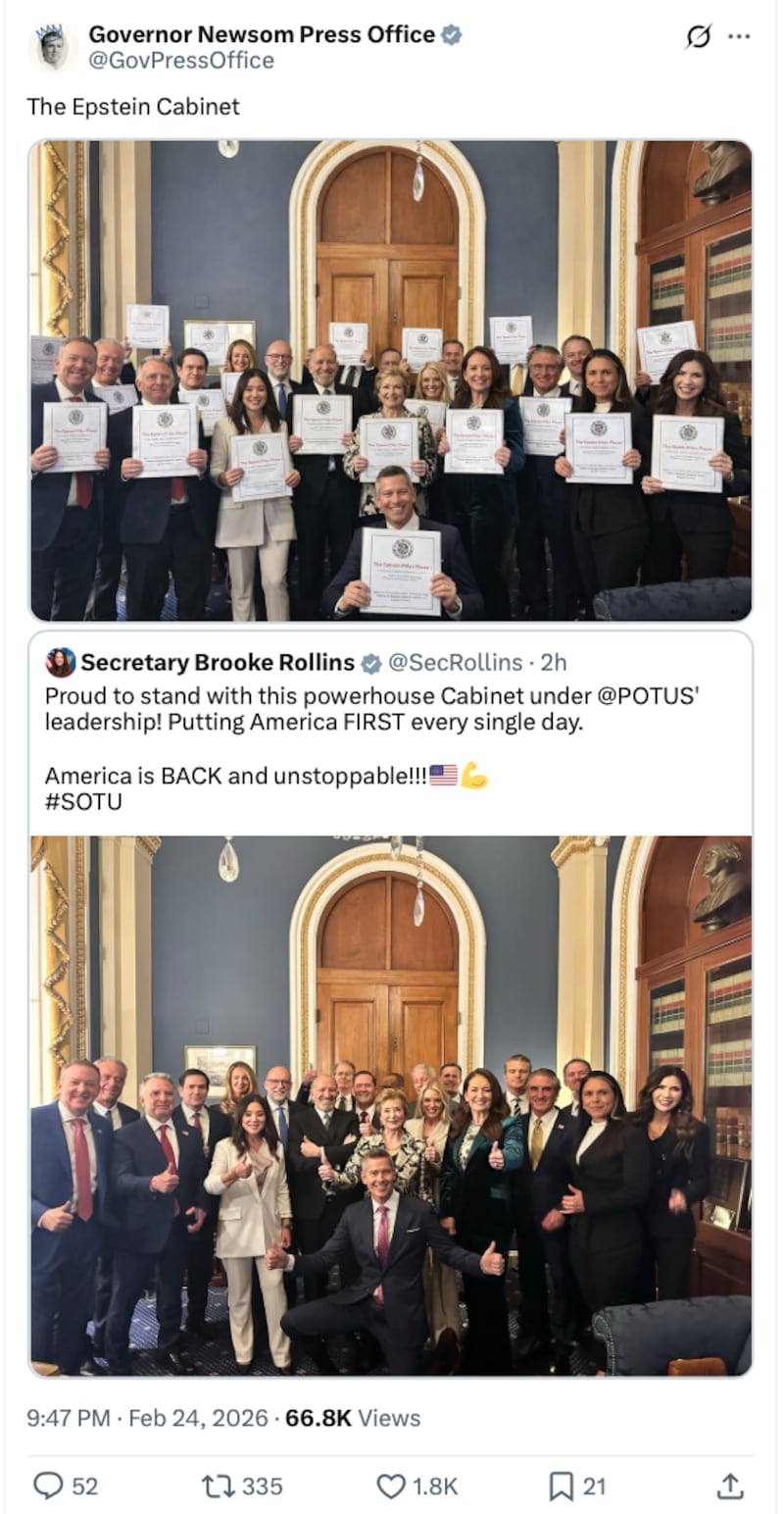 Newsom again criticized the Trump administration over its handling of the Epstein files.