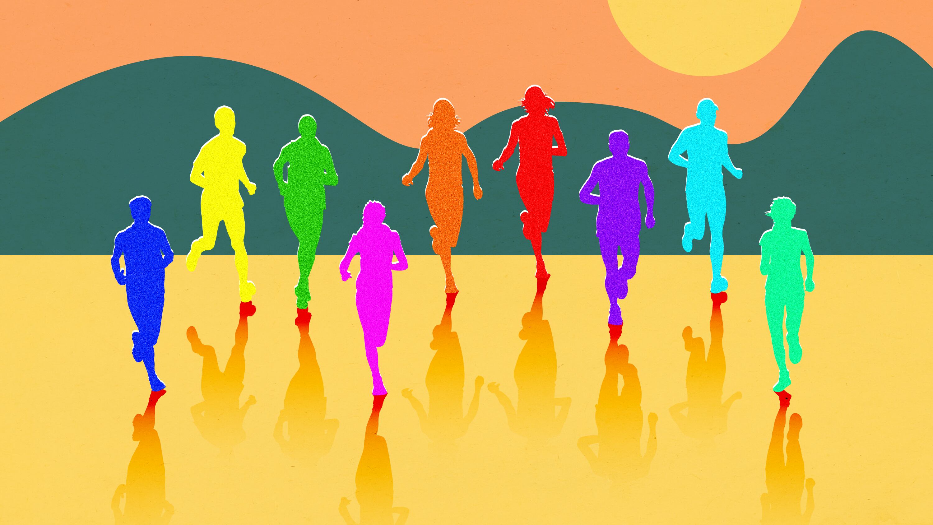 A photo illustration of colorful silhouettes running on an abstract landscape.