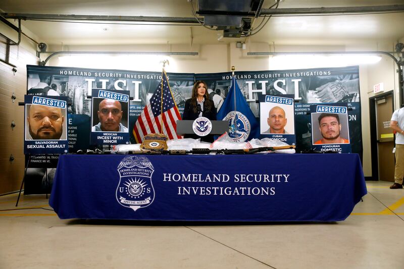 Department of Homeland Security Secretary Kristi Noem speaks during a press conference