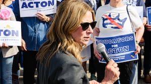 Ohio Democratic gubernatorial candidate and former director of the Ohio Department of Health, Dr. Amy Acton, speaks to supporters during a rally on April 28, 2026 in Cincinnati, Ohio.