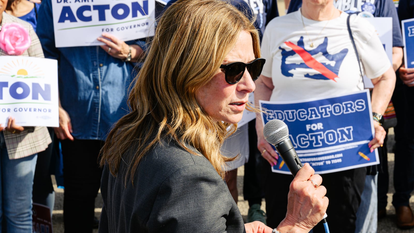 Ohio Democratic gubernatorial candidate and former director of the Ohio Department of Health, Dr. Amy Acton, speaks to supporters during a rally on April 28, 2026 in Cincinnati, Ohio.