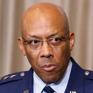 U.S. Air Force General Charles Q. Brown Jr., chairman of the Joint Chiefs of Staff, and U.S. Defense Secretary Lloyd Austin (not pictured) attend a press conference at the Ukraine Defence Contact Group meeting at Ramstein Air Base in Germany, September 6, 2024. REUTERS/Heiko Becker