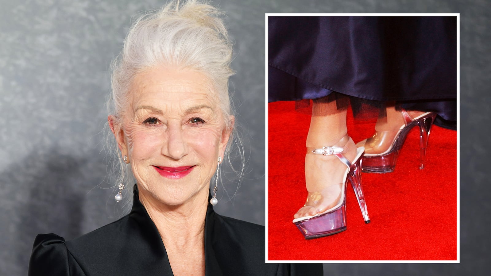 Dame Helen Mirren and a close-up of her shoes.