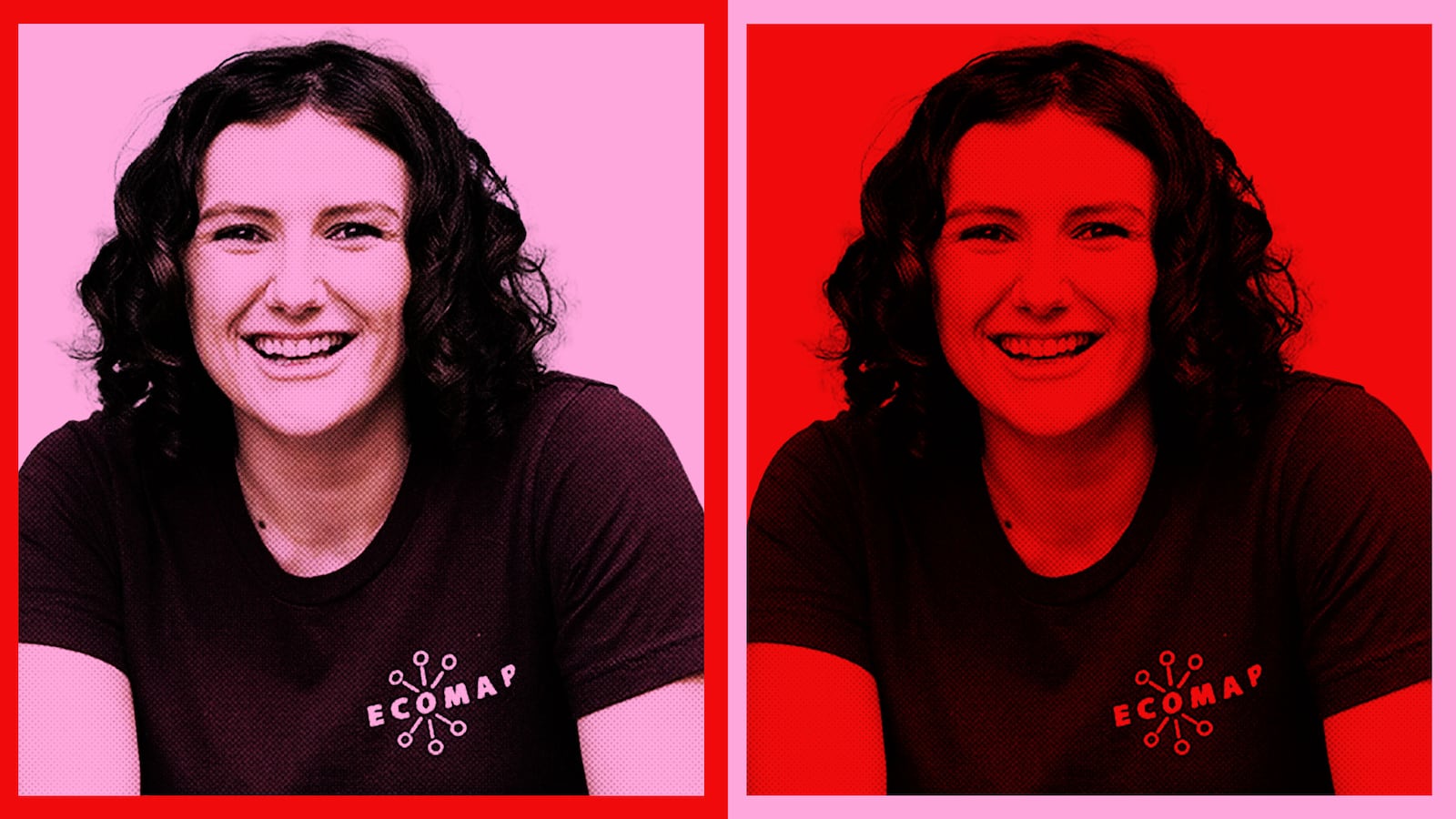 Photo illustration of Pava Lapere on a red and pink background