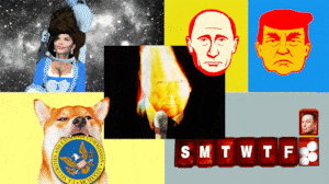 Illustrations of Lauren Sanchez Bezos as an a Marie Antoinette astronaut, Donald Trump as flame, a DOGE dog holding a US emblem, pill boxes with elon musk, and Vladimir Putin
