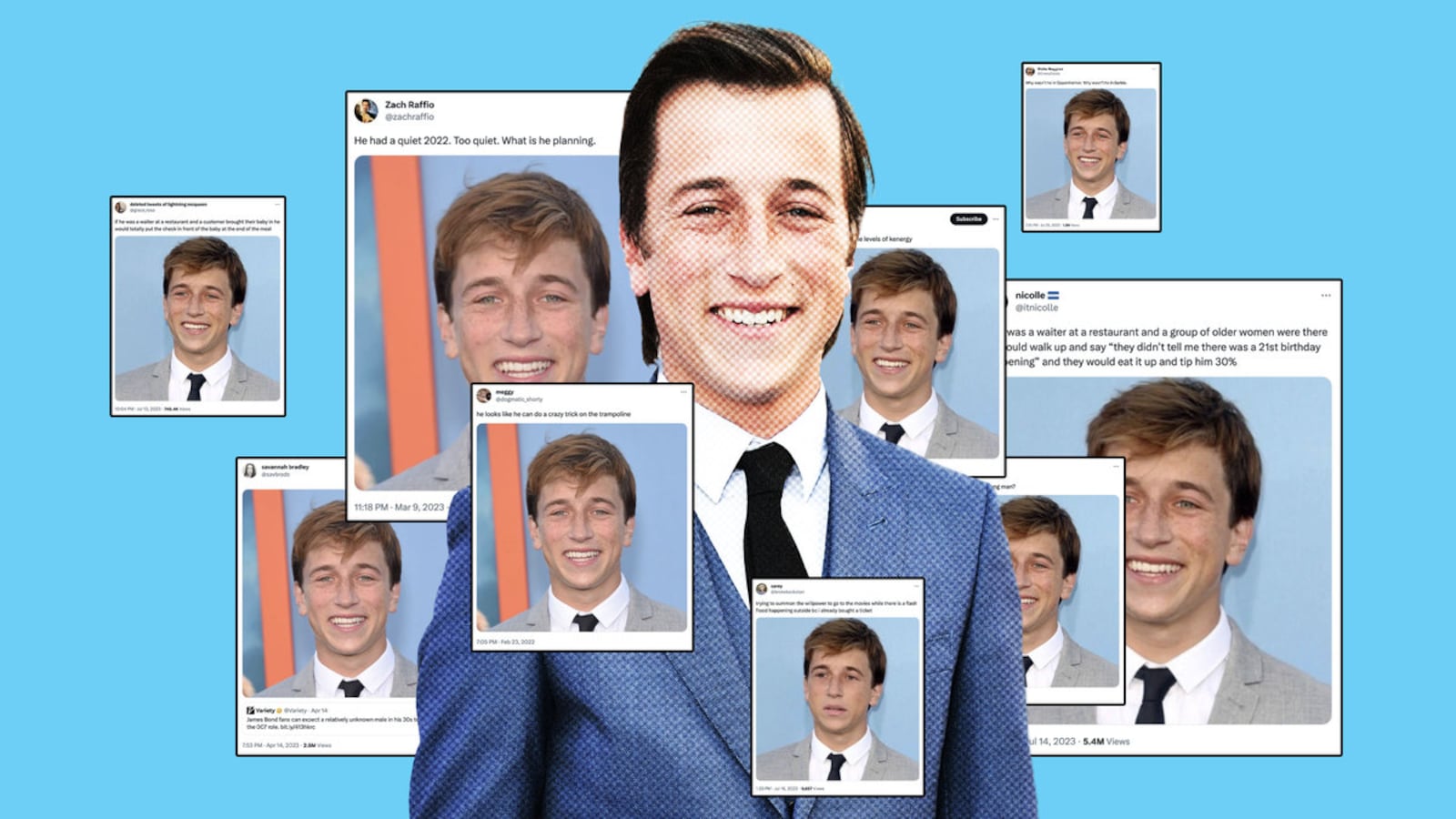 A photo illustration that shows Skyler Gisondo surrounded by multiple memes of him