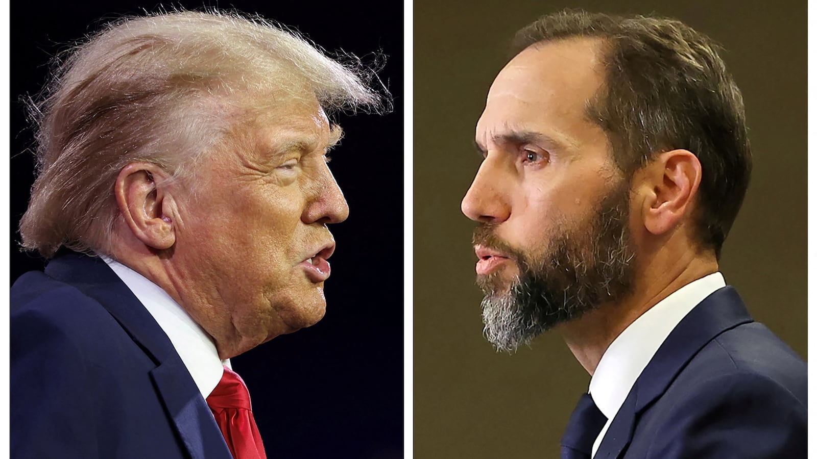 Side-by-side photos of Donald Trump and Jack Smith appearing to face each other.