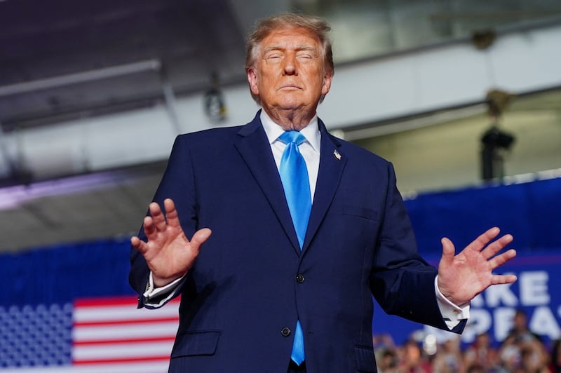 President Donald Trump gestures during a rally at Pinnacle Bank Expo Center in Grand Island, Nebraska, October 5, 2026.