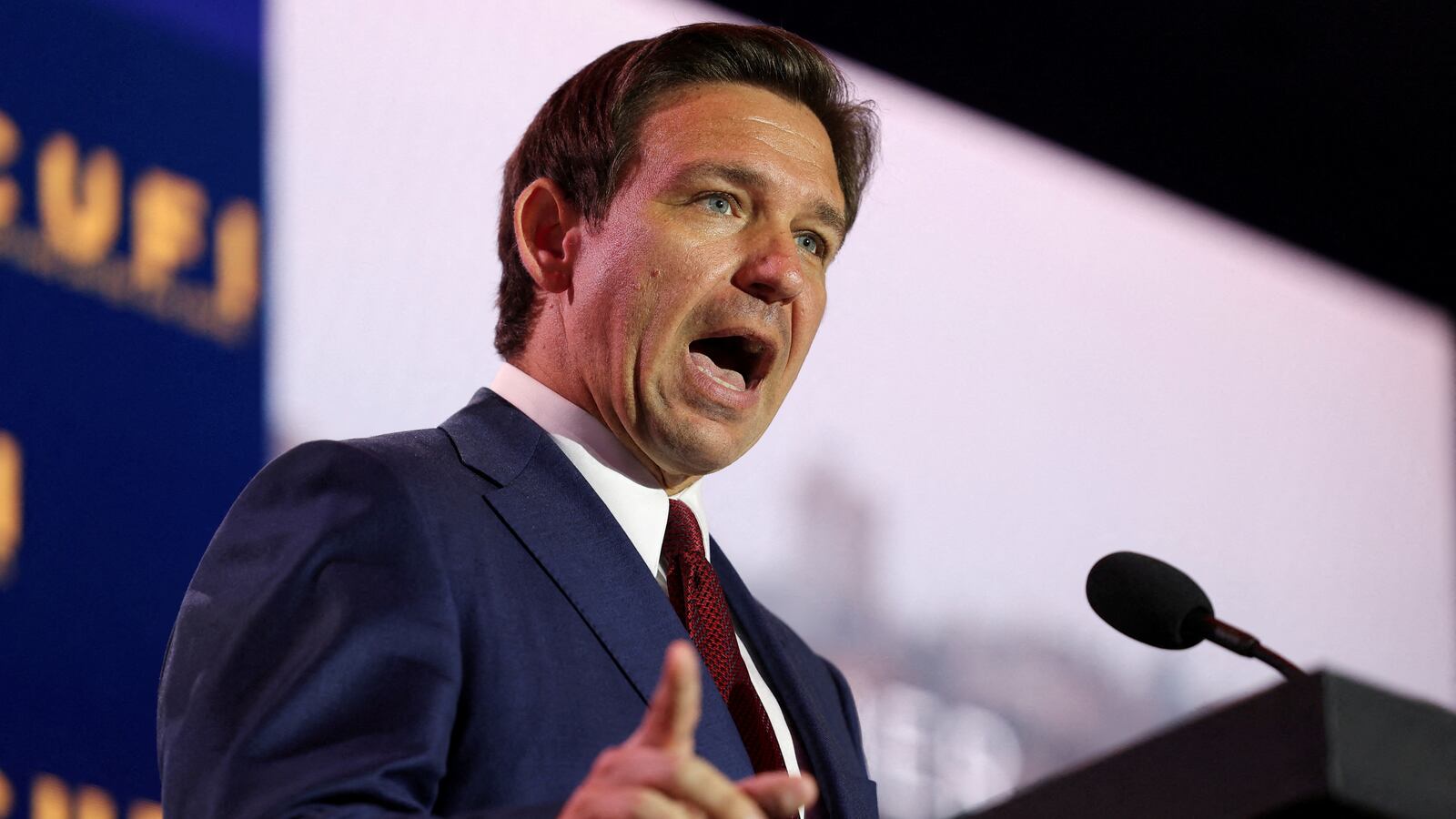 Florida Gov. Ron DeSantis delivers remarks at the annual Christians United for Israel Summit (CUFI), at the Crystal Gateway Marriott in Arlington, Virginia, July 17, 2023.