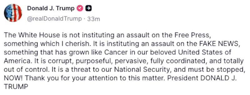 Trump’s post about the lawsuit from CNN, Politico, and MS NOW against their White House ban.