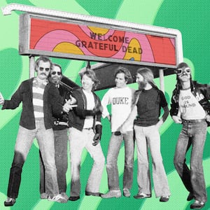Photo illustration of a photograph of The Grateful Dead on top of psychedelic backgrounds.