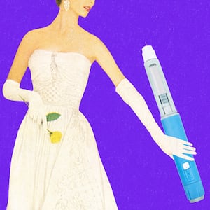 A photo illustration of a bride holding a GLP-1 injector for The Looker.