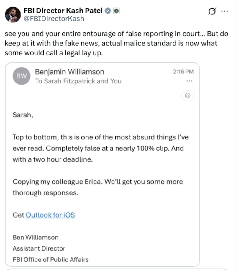 Kash Patel responded to The Atlantic's report by promising to see the outlet's editorial team "in court."