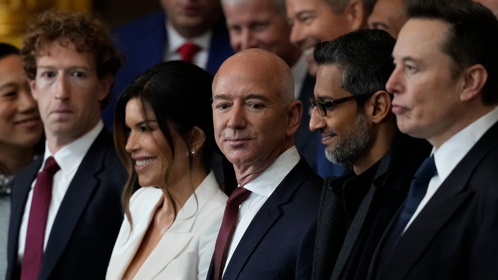 Mark Zuckerberg, Lauren Sanchez, Jeff Bezos, Sundar Pichai and Elon Musk