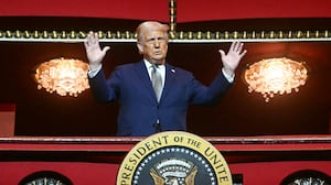 US President Donald Trump stands in the presidential box as he tours the John F. Kennedy Center for the Performing Arts in Washington, DC.