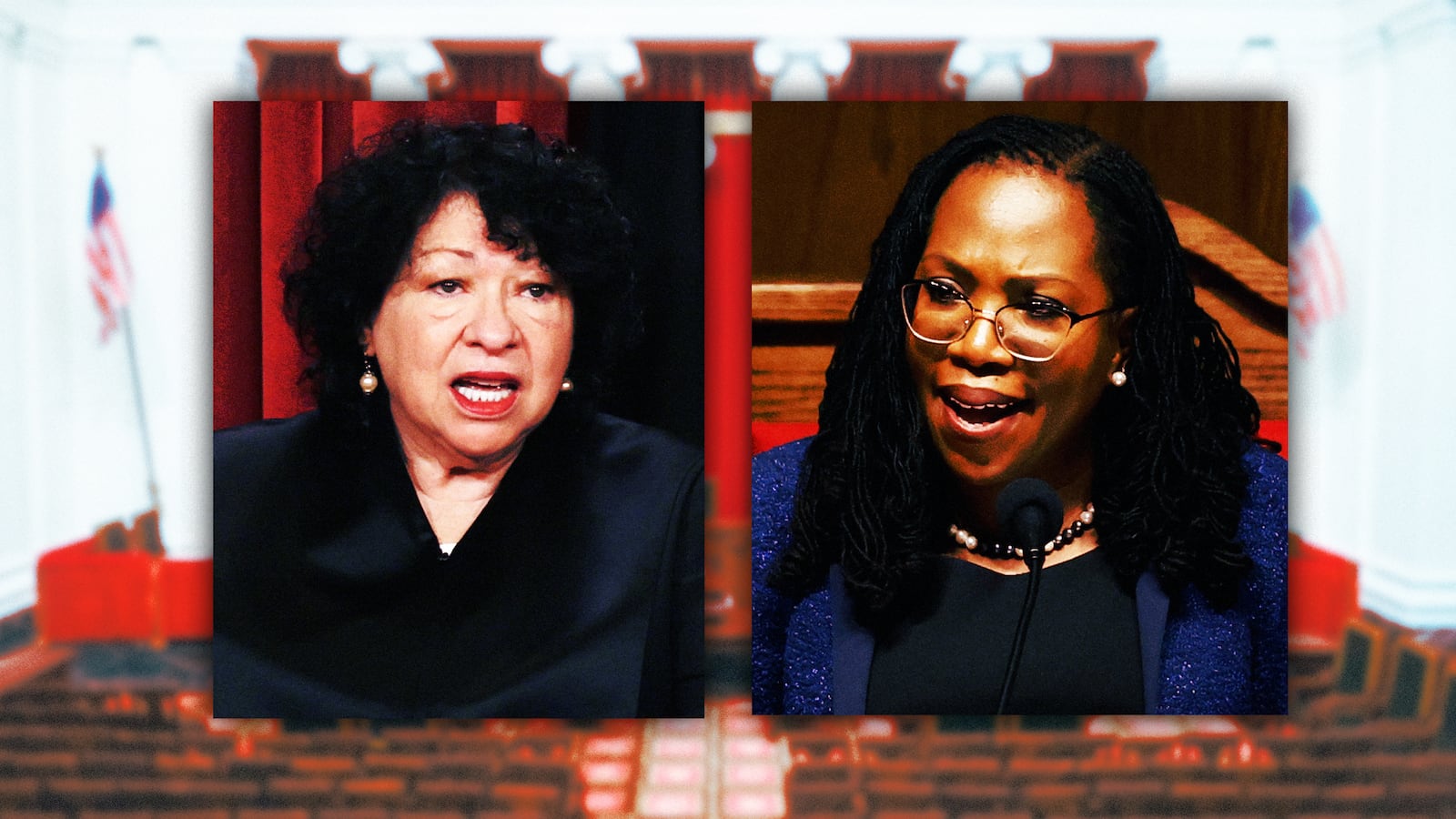 A photo illustration of Justice Sonia Sotomayor and Ketanji Brown Jackson and a background of the Supreme Court.