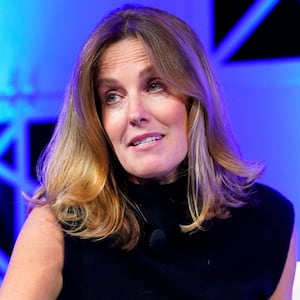Sharyn Alfonsi, Correspondent, 60 Minutes reacts in conversation with José Andrés, Chef, Humanitarian & Founder, World Central Kitchen during 2022 Texas Conference For Women at Austin Convention Center on November 09, 2022 in Austin, Texas.