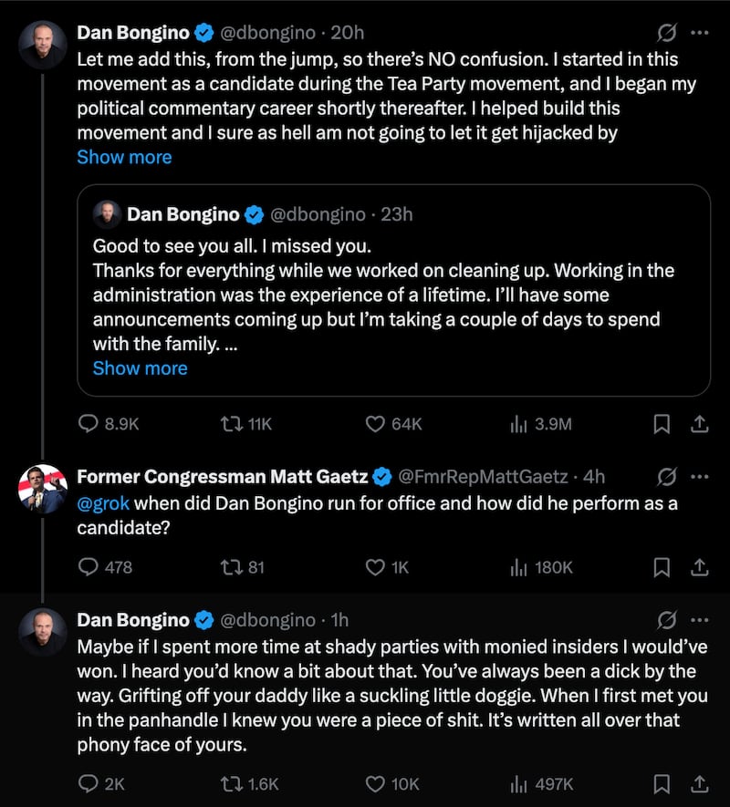 Dan Bongino’s response to Matt Gaetz received 10 times the likes by early Tuesday afternoon.
