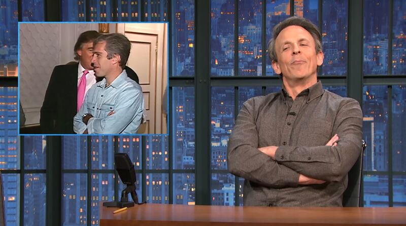 Late Night with Seth Meyers, Meyers looking suspiciously at picture of Trump and Epstein together.