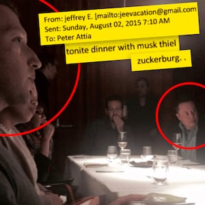 Image of Mark Zuckerberg and Elon Musk at dinner with Jeffrey Epstein.