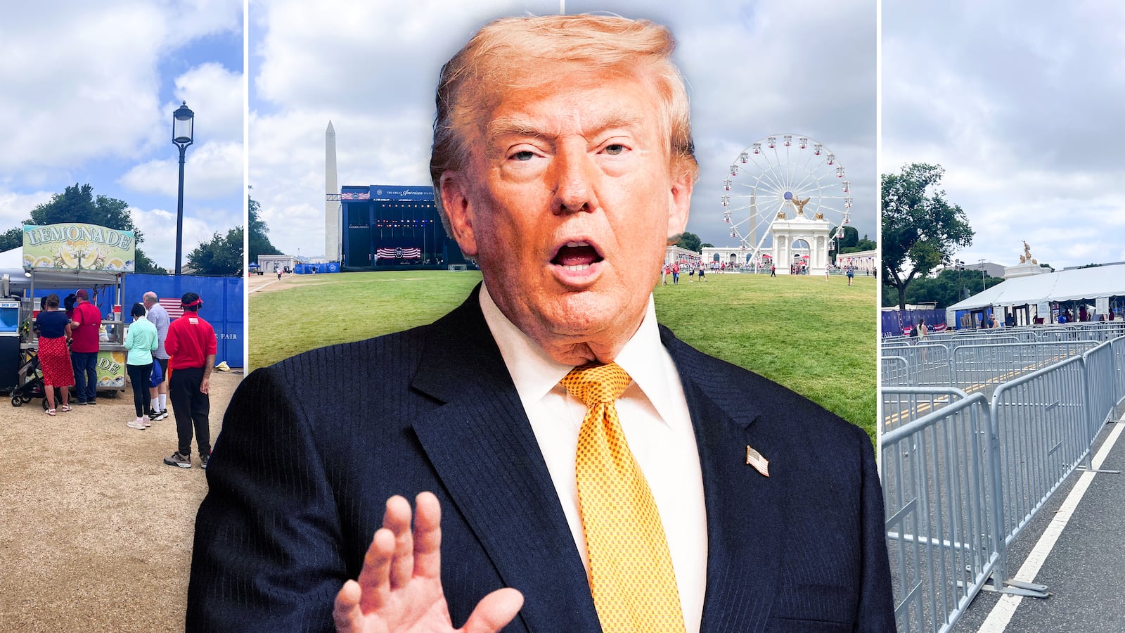 A photo illo composite of Donald Trump in front of photos of The Great American State Fair in Washington, D.C.